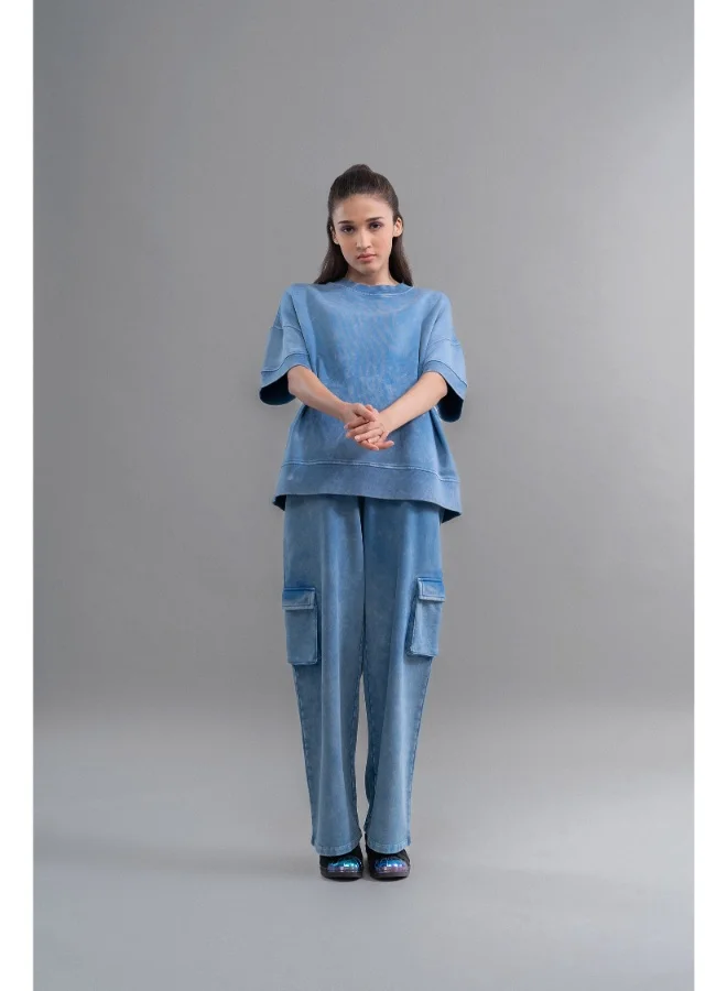 NeceSera Denim Wash 100% Cotton Terry Cargo Pant