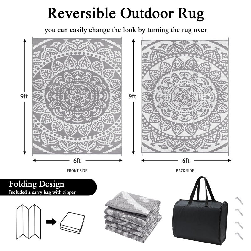 Bsmathom Waterproof Outdoor Rug 6'x9' Reversible Boho Plastic Straw Patio Deck Camping Rugs, Indoor Outdoor Portable RV Mat Clearance Carpet for Outside, Porch, Balcony, Backyard, Beach, Pool,Grey - Image 3