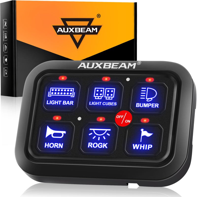 Auxbeam 6 Gang Switch Panel BC60 Universal Circuit Control Relay System Automatic Dimmable LED Switch Pod Touch Control Panel Switch Box for Car Truck Pickup Boat UTV SUV Blue 2 Years Warranty