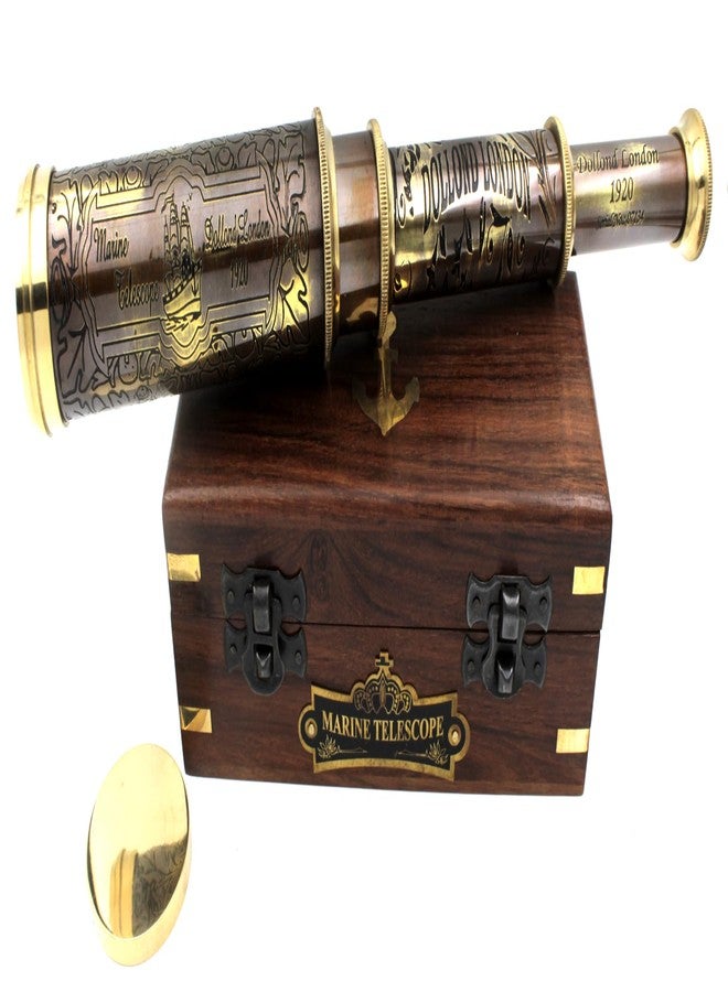 OCEAN REPLICAS 14" Handheld Brass Telescope with Engraved Imprints - Pirate Collection Spyglass with Wooden Box - Vintage Nautical Collectible, Antique Brass Pirate Scope Gift - Image 1