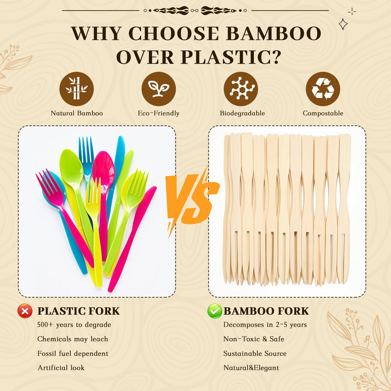 YANPROG Bamboo Mini Forks Disposable Forks for Appetizers 3.5" Small Forks Appetizer Forks for Fruit,Cocktail Forks for Parties, Weddings(100Pcs) - Image 5
