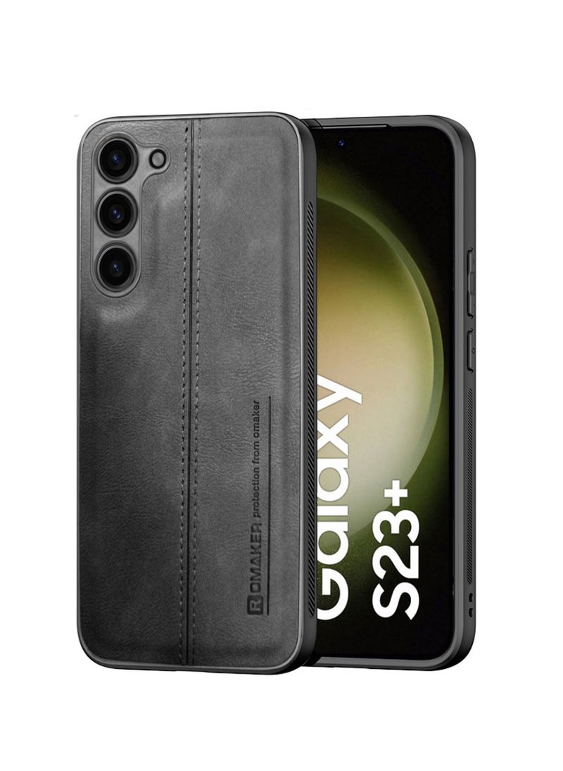 OMAKER Premium Stylish PU Leather Shockproof Back Cover Case for Samsung Galaxy S23 Plus - Black  - Image 1