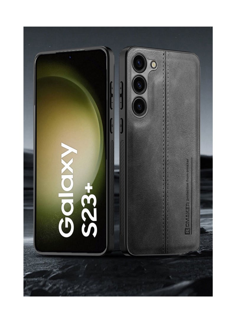 OMAKER Premium Stylish PU Leather Shockproof Back Cover Case for Samsung Galaxy S23 Plus - Black  - Image 2