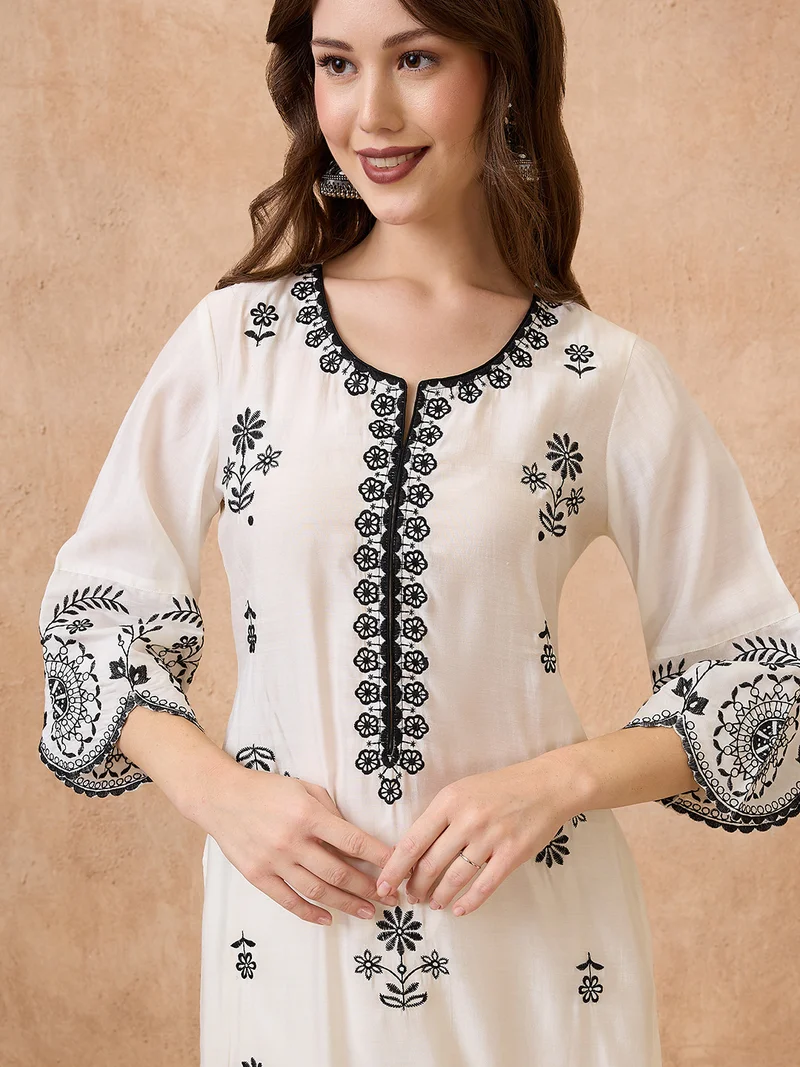 globus Women Scalloped Hem Bell Sleeves Floral Embroidered Kurta & Straight Pants Festive Set