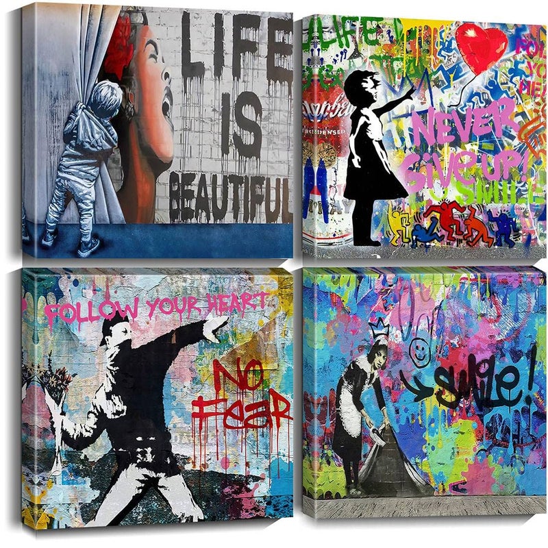 Biufo Banksy Canvas Wall Art Artwork Graffiti Street Print Pictures for Bedroom Living Room Wall Decor 12x12x4Pcs