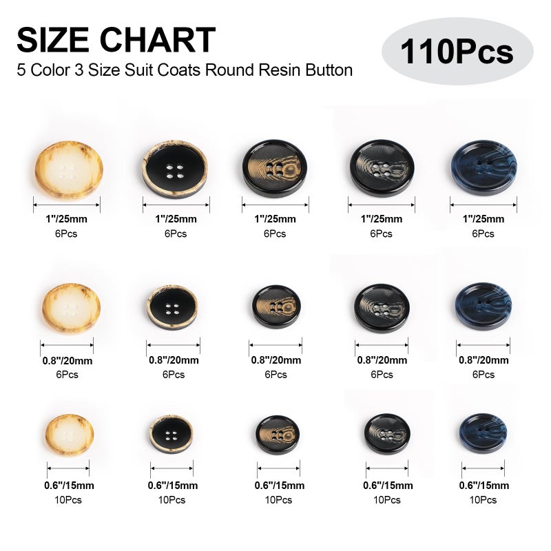OELFFOW 110Pcs Mixed Sewing Buttons, 4-Hole Craft Round Blazer Buttons, 5 Color 3 Size (15mm, 20mm, 25mm) Suit Coats Resin Button, Suitable for Variety Clothing Sewing, DIY Craft (Style B) - Image 2