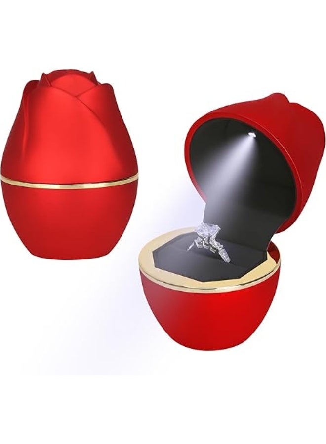 Rose Shaped Ring Gift Box with LED Light – Jewelry Display Box for Rings, Wedding, Engagement, Proposal, Anniversary (Red)  - Image 1