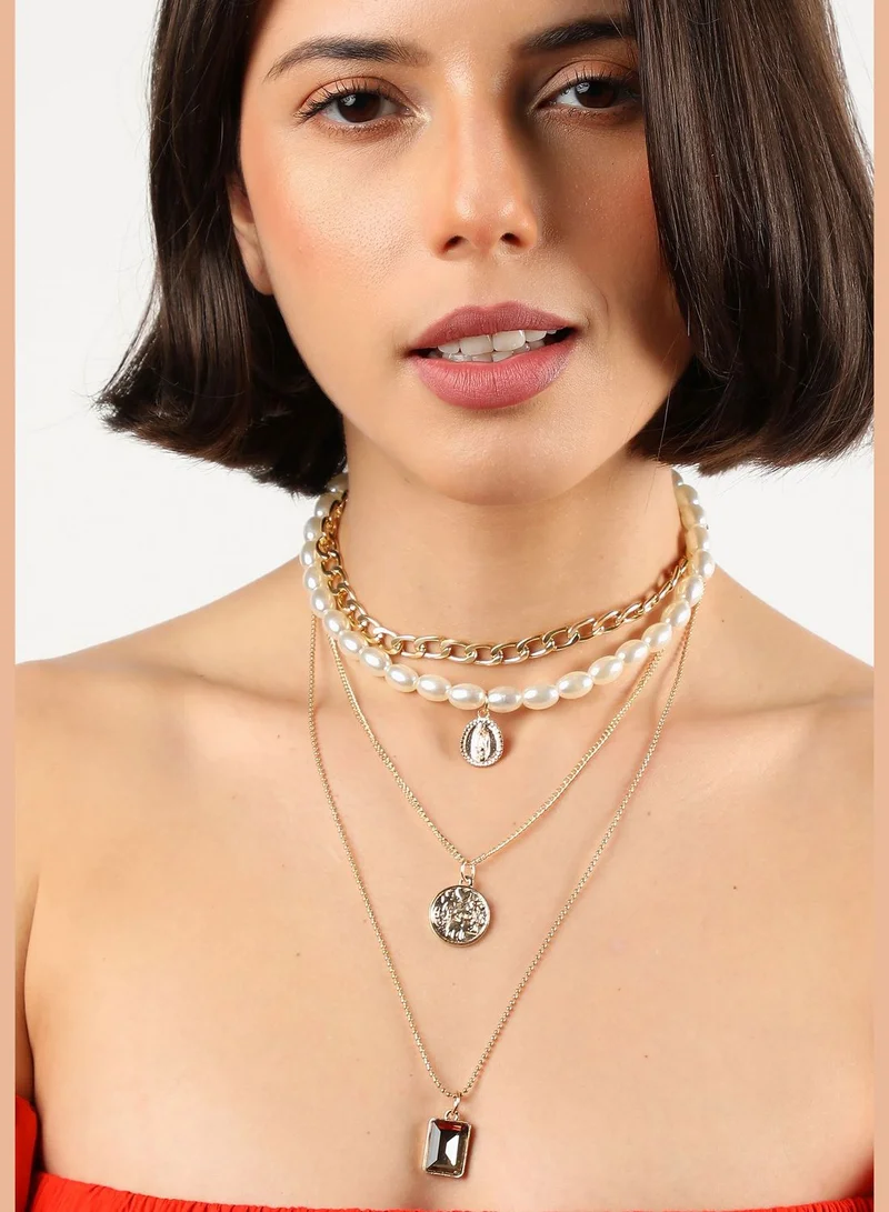 SOHI Gold Plated Pearls Layered Necklace