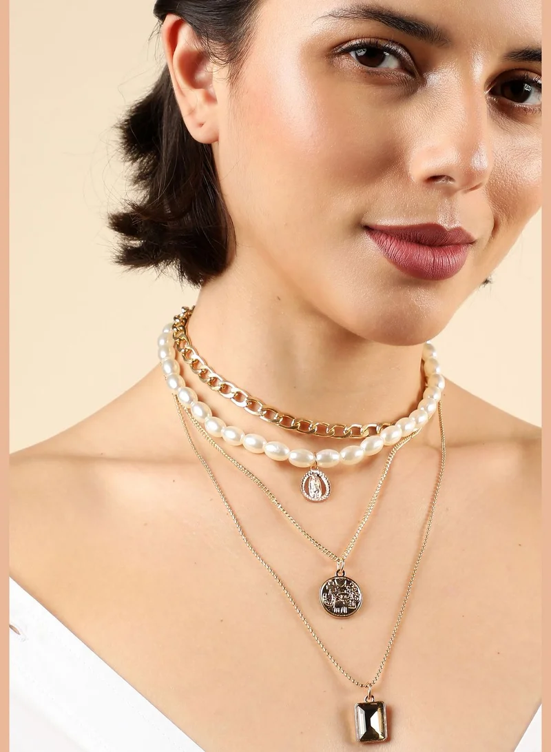 SOHI Gold Plated Pearls Layered Necklace