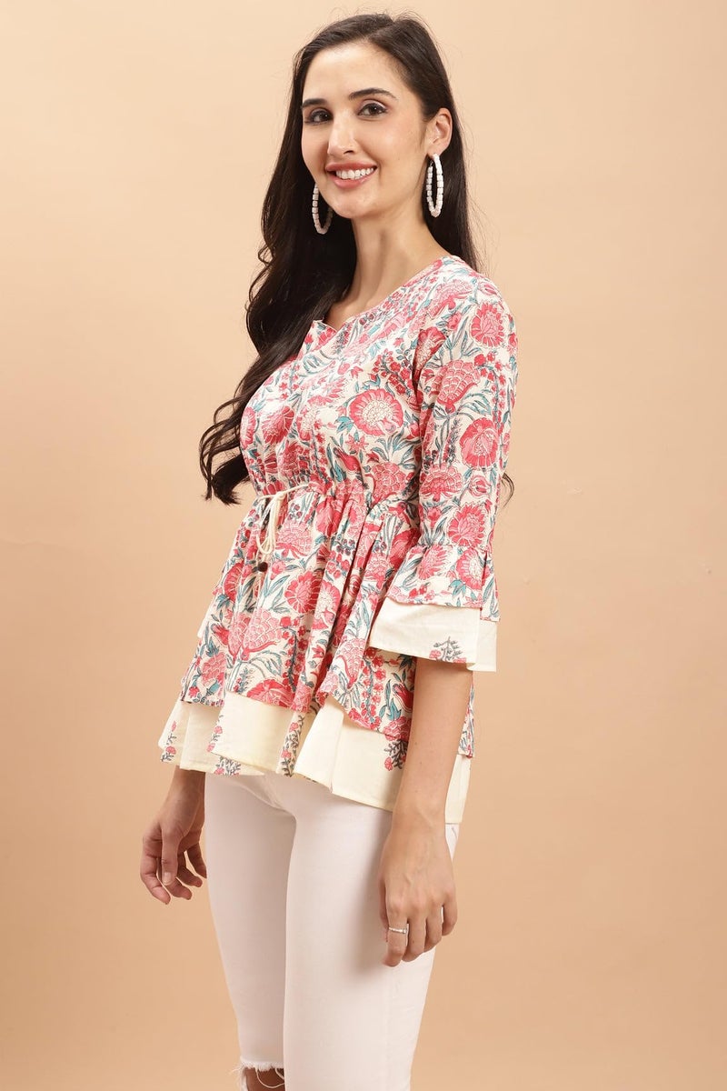 Rajnandini Women's Pure Cotton Jaipuri Printed Short Top (JOPLJPR711-XXL_Cream_2XL) - Image 3