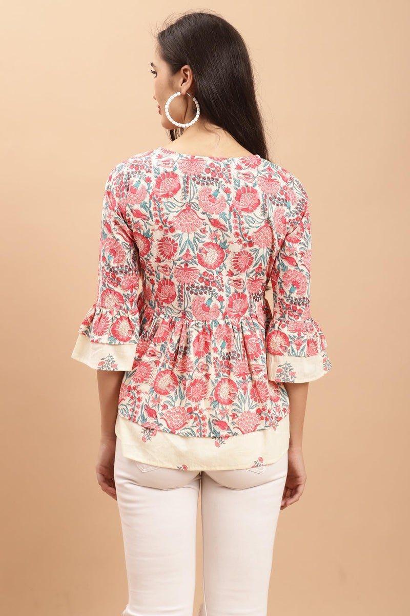 Rajnandini Women's Pure Cotton Jaipuri Printed Short Top (JOPLJPR711-XXL_Cream_2XL) - Image 2