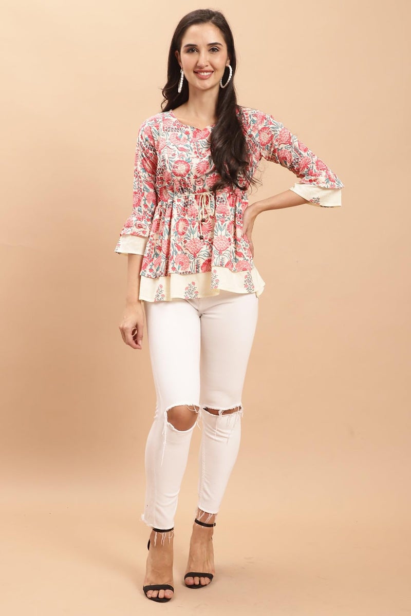 Rajnandini Women's Pure Cotton Jaipuri Printed Short Top (JOPLJPR711-XXL_Cream_2XL) - Image 5