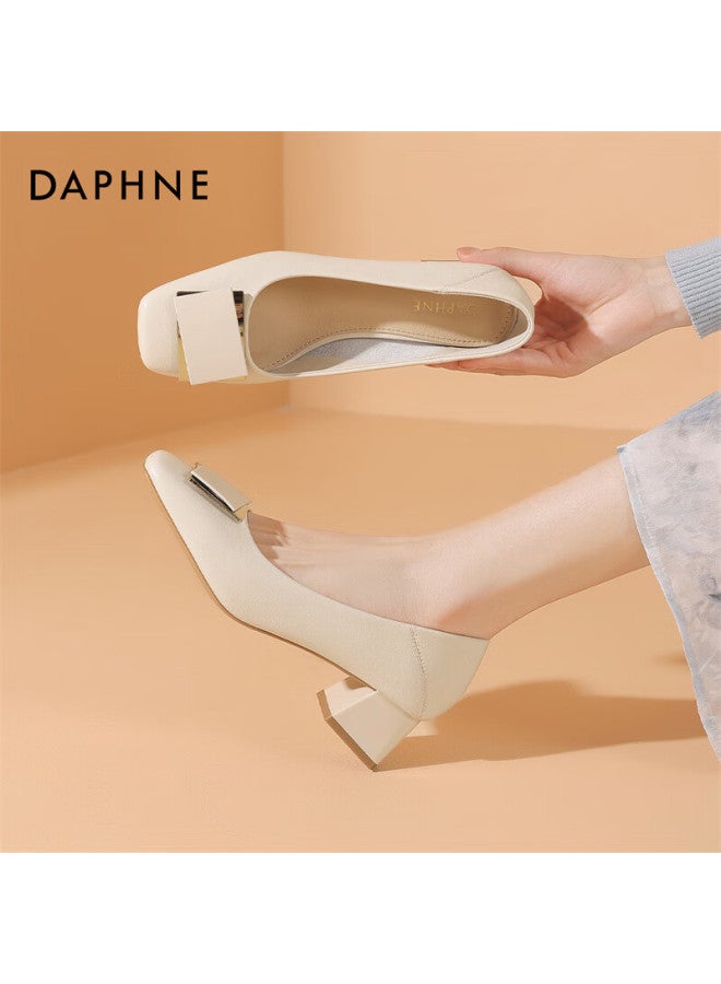Daphne Women's Cowhide Basic Square Toe Chunky Heel High Heels Commuter Shoes 4024404003 Beige Size 36 - Image 4