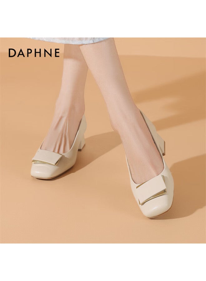 Daphne Women's Cowhide Basic Square Toe Chunky Heel High Heels Commuter Shoes 4024404003 Beige Size 36 - Image 3