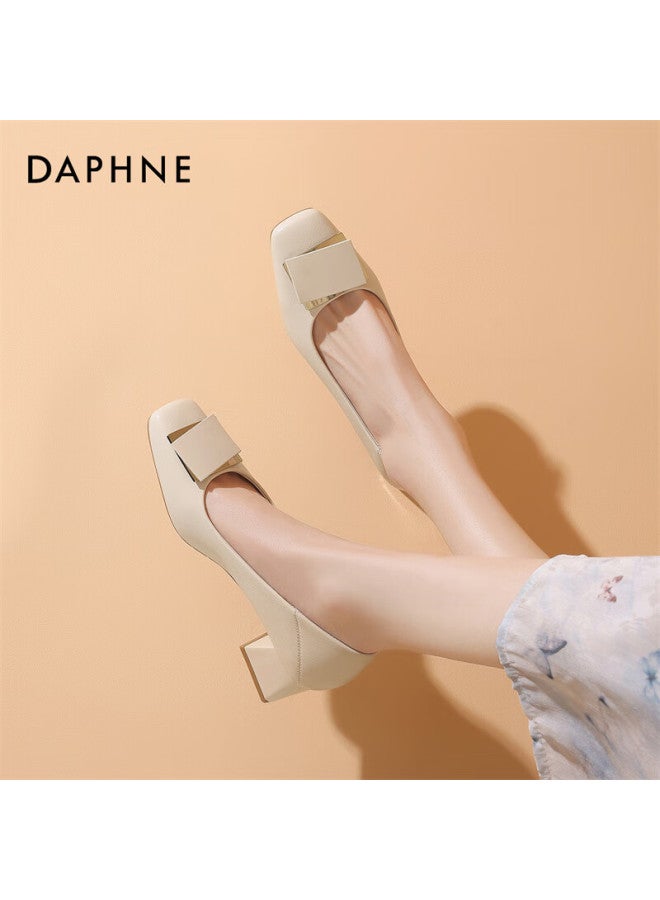 Daphne Women's Cowhide Basic Square Toe Chunky Heel High Heels Commuter Shoes 4024404003 Beige Size 36 - Image 2