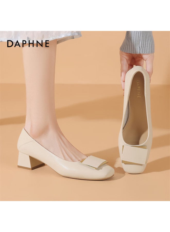 Daphne Women's Cowhide Basic Square Toe Chunky Heel High Heels Commuter Shoes 4024404003 Beige Size 36 - Image 5