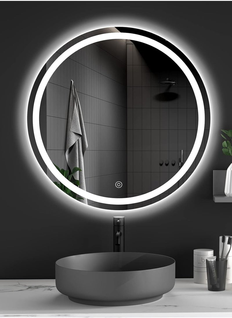 Vparty Round Frameless Bathroom Mirror 70x70cm – Wall-Mounted LED Vanity Mirror with Dimmable Touch Sensor, Anti-Fog, 3-Color Lighting Options, Adjustable Brightness, Energy-Efficient Backlit Design – Illuminated Makeup and Shaving Mirror for Bedroom, Dressing Room, and Powder Room – Stylish and Functional Home Decor  - Image 1