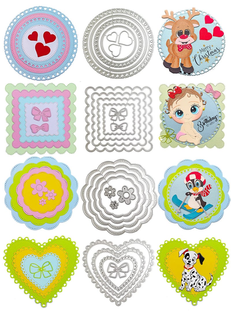 QTOOLS 4 Sets Frames Cutting Dies for Card Making Circle Heart Square Metal Die Cuts Scrapbooking Tool DIY Craft Punch Template Embossing for Paper Album Decor 
