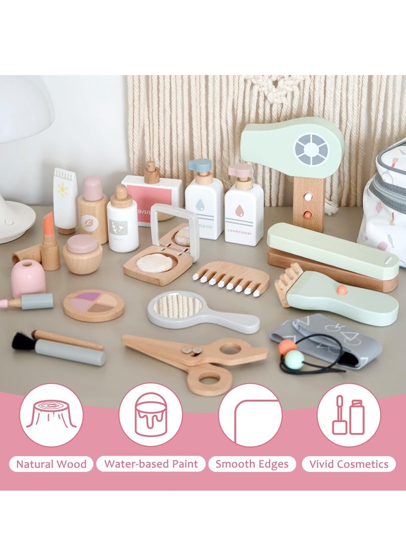 22PCS Pretend Role Play Toy Wood Beauty Salon Toys Set for Girl with Realistic Accessories Princess Lipstick Set with Haircut Manicure Makeup Box Accessories Bag Gift for Girls 3-12 - Image 3