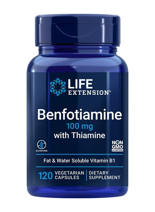 Life Extension Benfotiamine with Thiamine, 100 mg - Water & Fat Soluble Vitamin B1 Supplement For Glucose Blood Sugar Level and Nerve Health Support - Gluten-Free, Non-GMO, Vegetarian - 120 Capsules - Image 1