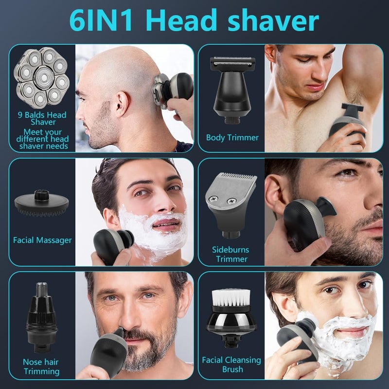 OFFCUP Men's Bald Razor, 9D Electric Head Shaver, Professional Dry and Wet, 6 in 1 Detachable Head Razors IPX6 Waterproof, USB Charging, Beard Trimmer with LCD Display - Image 4