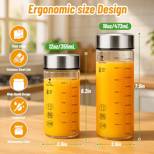 Luxfuel 16 oz Glass Juice Bottles with Lids, 6 Pack Wide Mouth Borosilicate Glass Bottles with Stainless Steel Lids, Heat-Resistant, Leakproof & Reusable for Juicing, Smoothies, Milk, Water, BPA-Free - Image 3