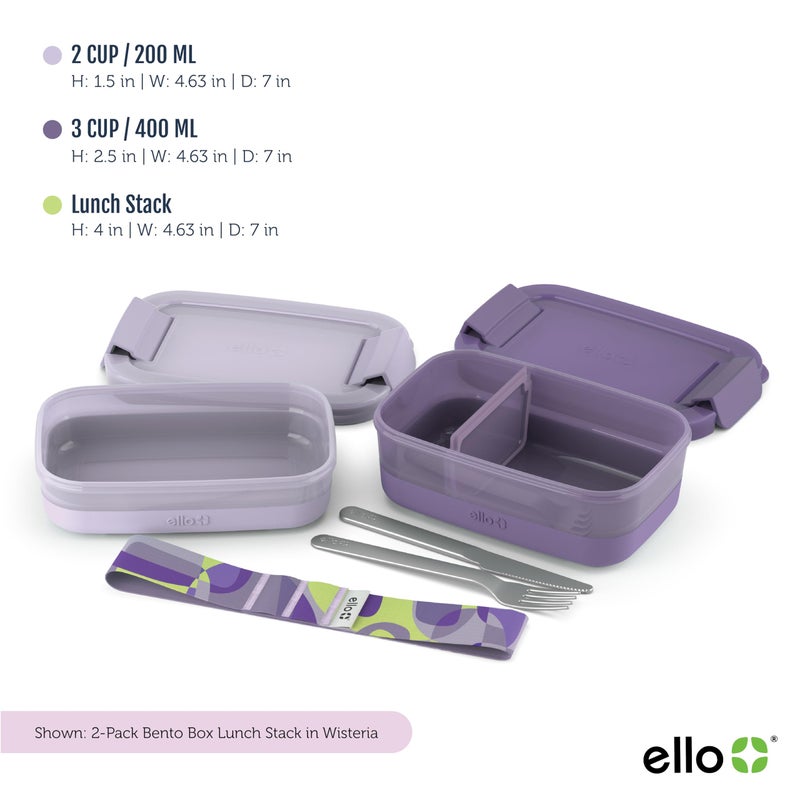 Ello 2-Pack Bento Box Lunch Stack Plastic Food Storage Container | Leak-Proof Locking Plastic Lids | Silicone Base | BPA-Free | Freezer Microwave and Dishwasher Safe | Wisteria - Image 4