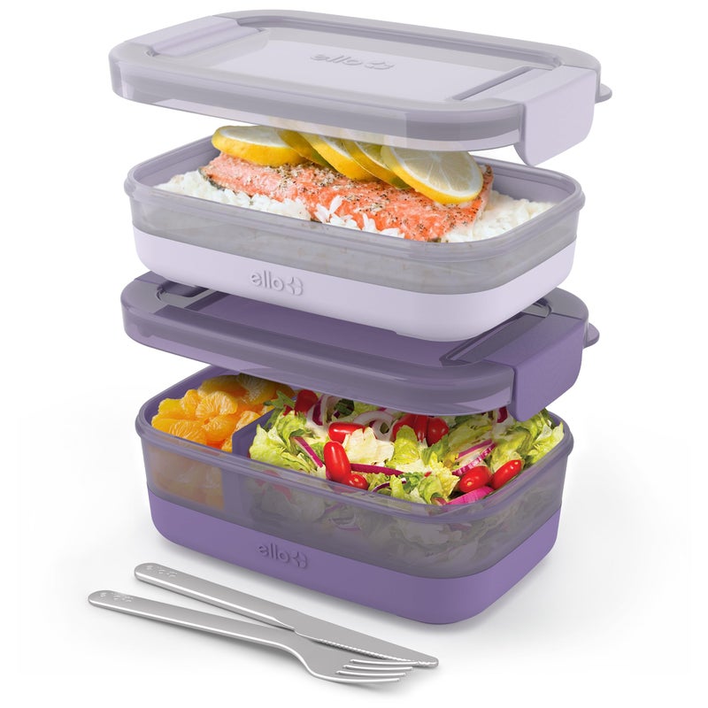 Ello 2-Pack Bento Box Lunch Stack Plastic Food Storage Container | Leak-Proof Locking Plastic Lids | Silicone Base | BPA-Free | Freezer Microwave and Dishwasher Safe | Wisteria - Image 1