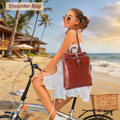 Banuce Premium Italian Full Grain Leather Backpack Purse for Women Convertible 14 Inch Laptop Backpack for Work Travel Backpack with Luggage Strap Adjustable Strap Red Brown - Image 3
