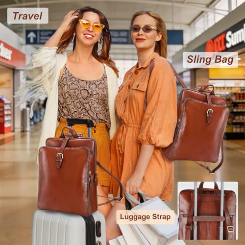 Banuce Premium Italian Full Grain Leather Backpack Purse for Women Convertible 14 Inch Laptop Backpack for Work Travel Backpack with Luggage Strap Adjustable Strap Red Brown - Image 4