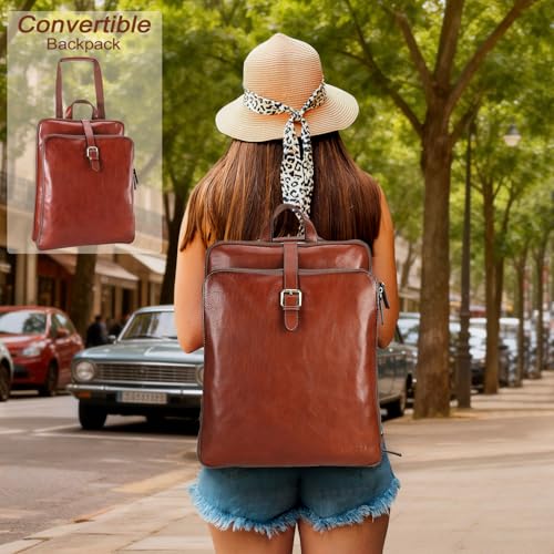 Banuce Premium Italian Full Grain Leather Backpack Purse for Women Convertible 14 Inch Laptop Backpack for Work Travel Backpack with Luggage Strap Adjustable Strap Red Brown - Image 2