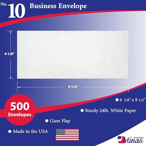 Minas Envelope 500 Minas Envelope #10 Business Envelope, 4 1/8 X 9 1/2, Gum Flap, 24lb. White Paper, 500/Box (NO WINDOW) - Image 2