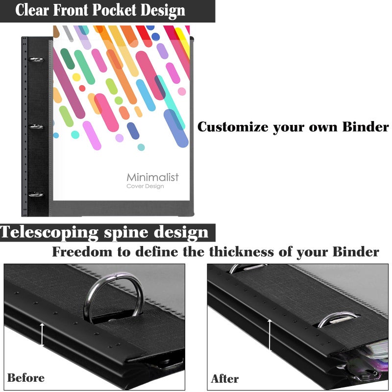 INFUN 1 Inch 3-Ring Telescoping Project Organizer Binder,13 Pocket, Customizable Front Cover, 5 Colors Pocket Divider and Plastic Binder Pocketï¼Œ225 Sheet Capacity-Black - Image 4