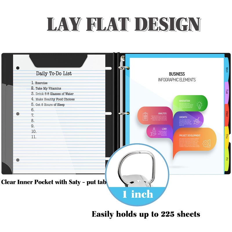INFUN 1 Inch 3-Ring Telescoping Project Organizer Binder,13 Pocket, Customizable Front Cover, 5 Colors Pocket Divider and Plastic Binder Pocketï¼Œ225 Sheet Capacity-Black - Image 3