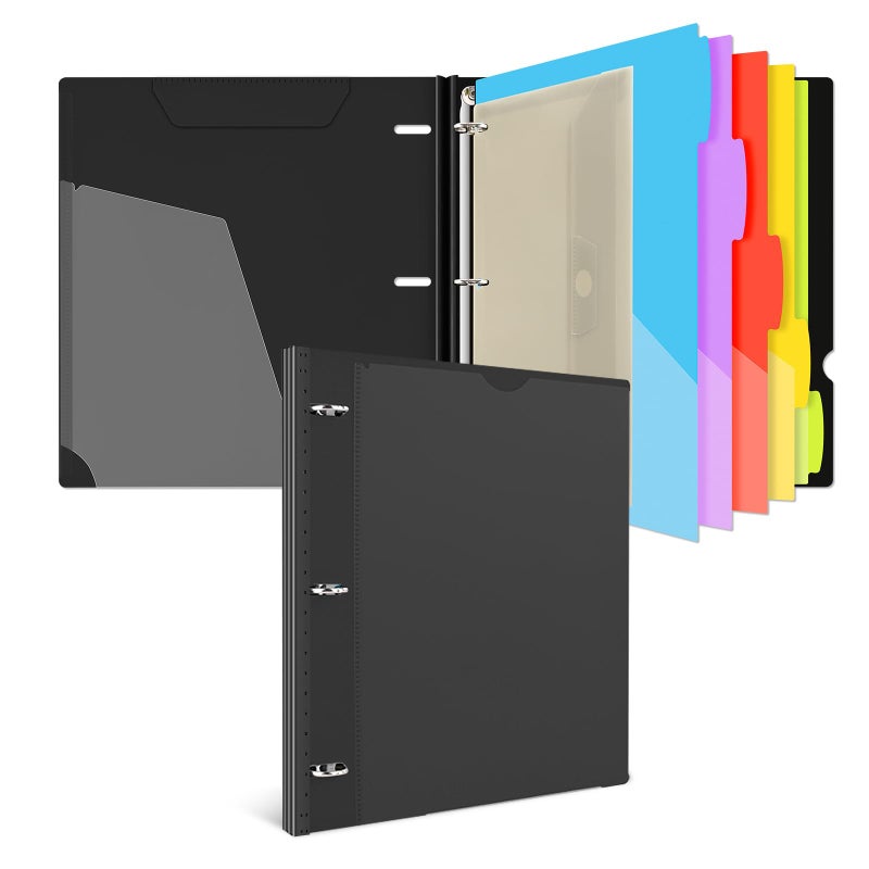 INFUN 1 Inch 3-Ring Telescoping Project Organizer Binder,13 Pocket, Customizable Front Cover, 5 Colors Pocket Divider and Plastic Binder Pocketï¼Œ225 Sheet Capacity-Black - Image 1