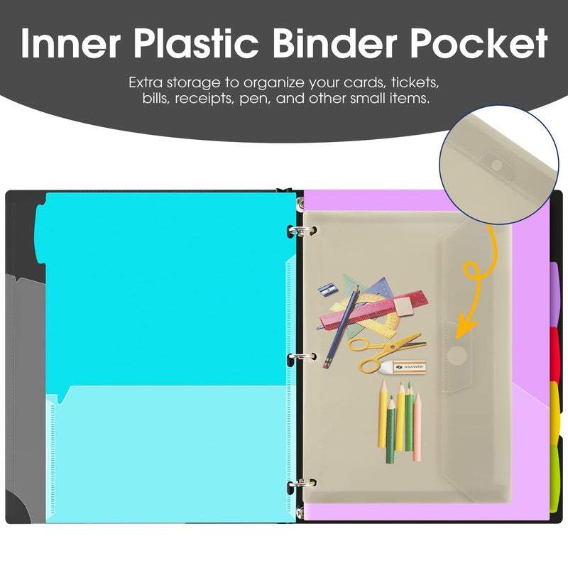 INFUN 1 Inch 3-Ring Telescoping Project Organizer Binder,13 Pocket, Customizable Front Cover, 5 Colors Pocket Divider and Plastic Binder Pocketï¼Œ225 Sheet Capacity-Black - Image 5