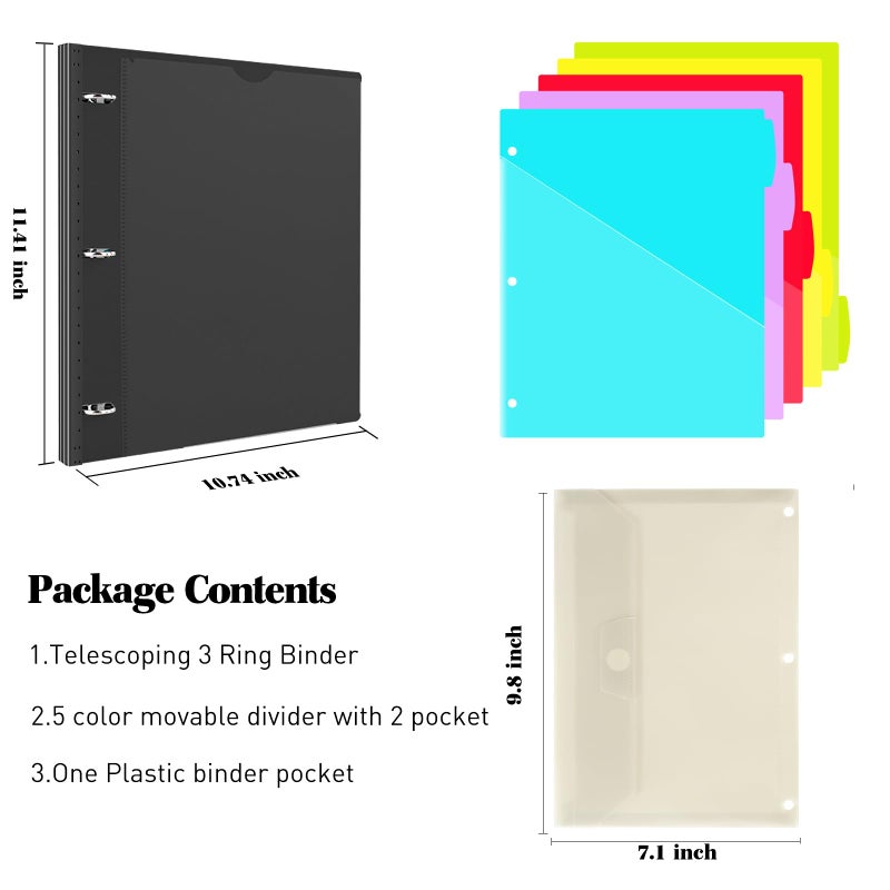 INFUN 1 Inch 3-Ring Telescoping Project Organizer Binder,13 Pocket, Customizable Front Cover, 5 Colors Pocket Divider and Plastic Binder Pocketï¼Œ225 Sheet Capacity-Black - Image 2