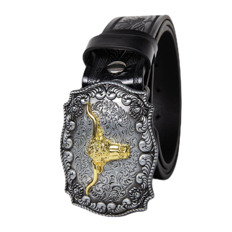 Dubulle Western Cowboy Belt Men's Longhorn Bull Big Buckle Engraved Adjustable Leather Strap for Jeans Casual - Image 1