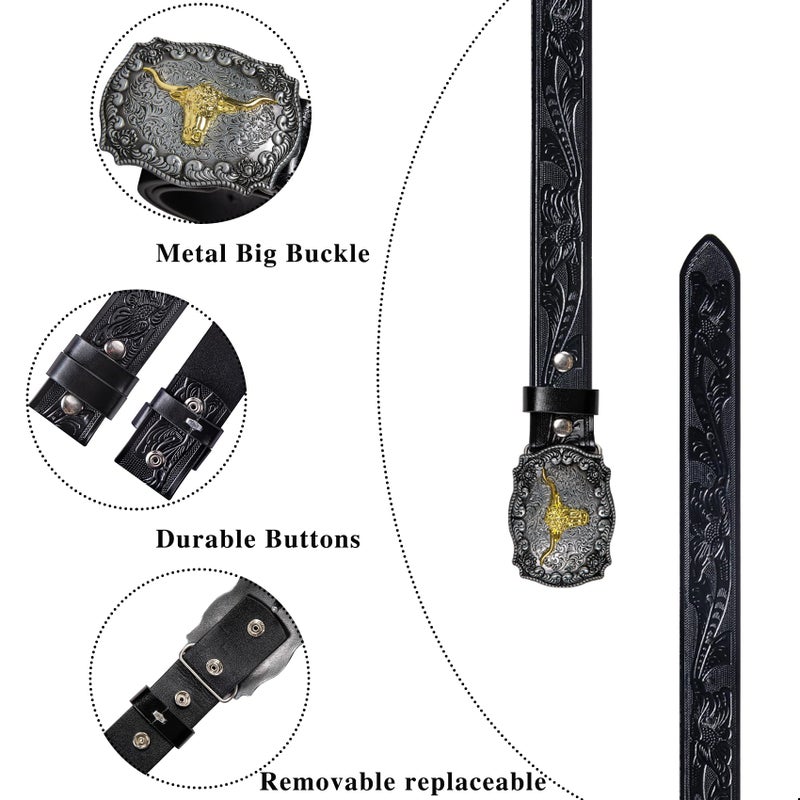Dubulle Western Cowboy Belt Men's Longhorn Bull Big Buckle Engraved Adjustable Leather Strap for Jeans Casual - Image 3