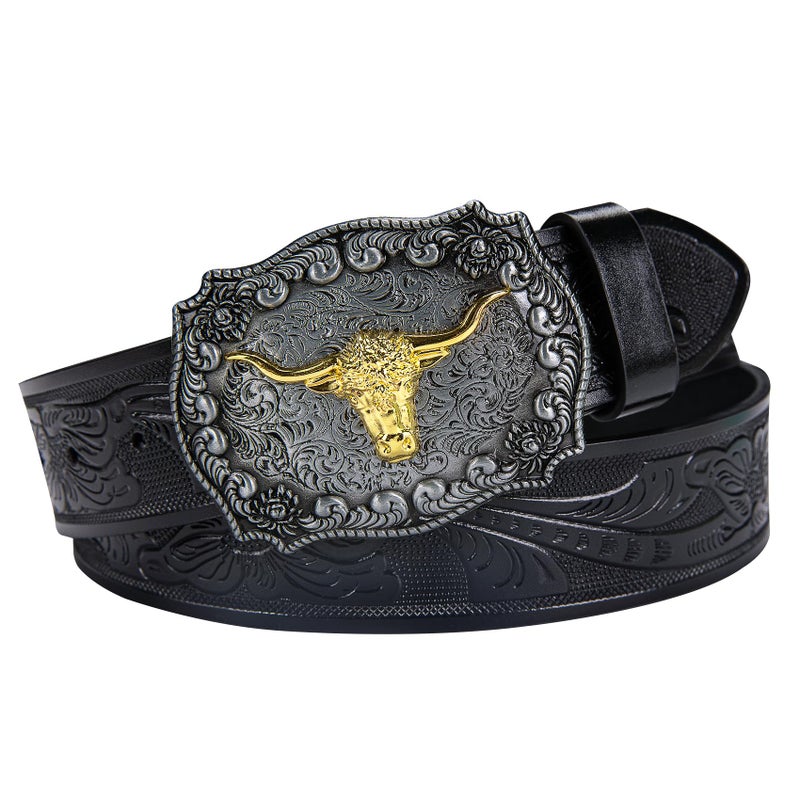 Dubulle Western Cowboy Belt Men's Longhorn Bull Big Buckle Engraved Adjustable Leather Strap for Jeans Casual - Image 4