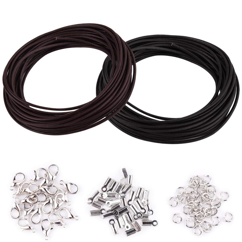 WXJ13 Genuine Leather Cord 10 Meters 2 mm Wide Black and Coffee Leather Cord and 150 Pieces Jewelry Findings Necklace Cord String for Jewelry Making Bracelets Craft Twine Necklace Bracelet Kit