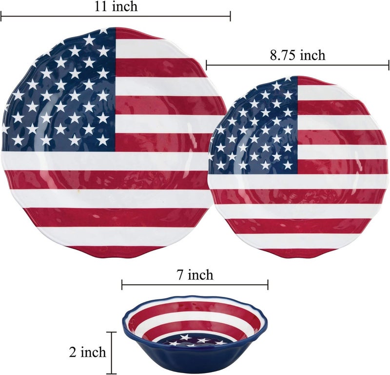 UPware 12 Piece American Flag Melamine Dinnerware Sets Outdoor Dishes Set Plates and Bowls Sets Fourth of July Decorations Service for 4 Patriotic Color - Image 3