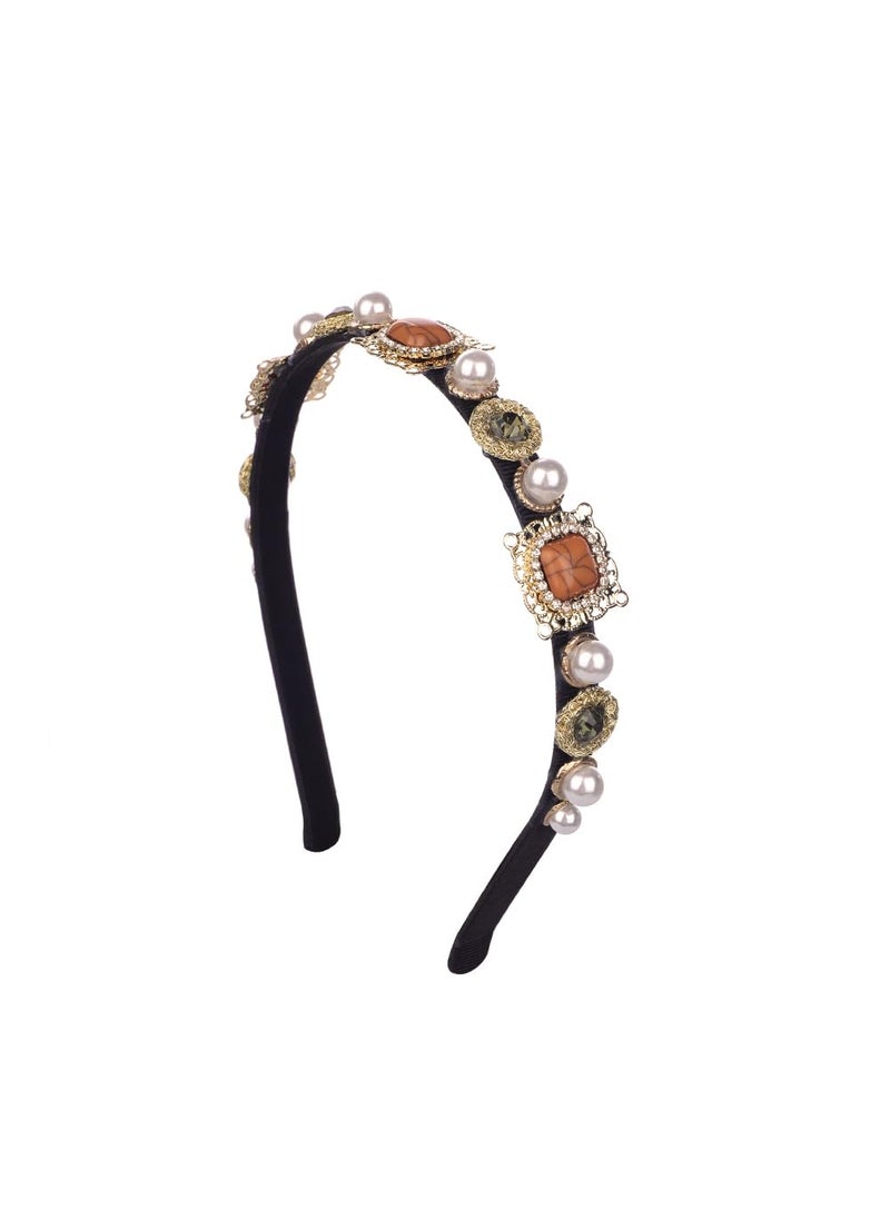 Aimimier - Aimimier Baroque Crystal Headband Vintage Royal Style Gemstone Faux Pearl Crown Bridal Rhinestone Hair Hoop for Women - Image 1