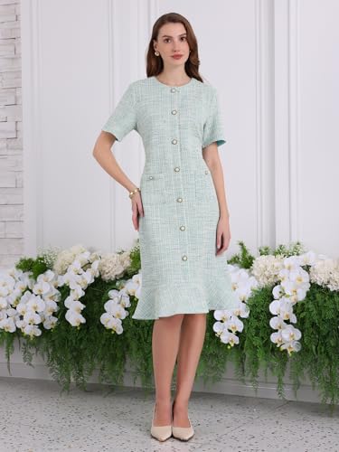 Hobemty Women's Tweed Dress Short Sleeve 2025 Elegant Wedding Cocktail Bodycon Midi Fishtail Dresses XX-Large Cyan - Image 2
