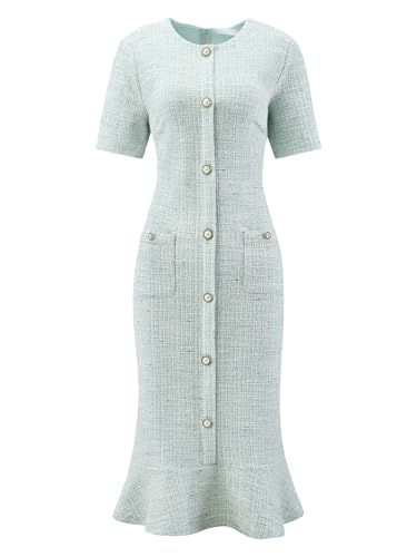 Hobemty Women's Tweed Dress Short Sleeve 2025 Elegant Wedding Cocktail Bodycon Midi Fishtail Dresses XX-Large Cyan - Image 1