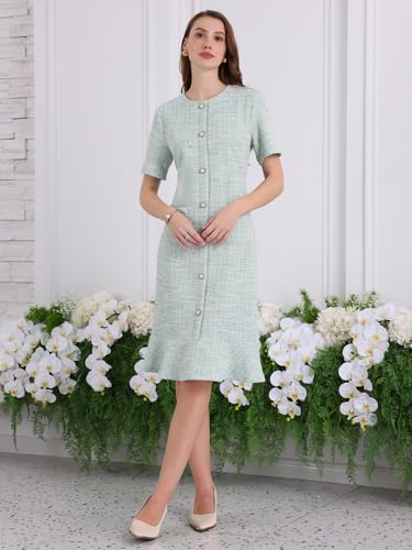 Hobemty Women's Tweed Dress Short Sleeve 2025 Elegant Wedding Cocktail Bodycon Midi Fishtail Dresses XX-Large Cyan - Image 3