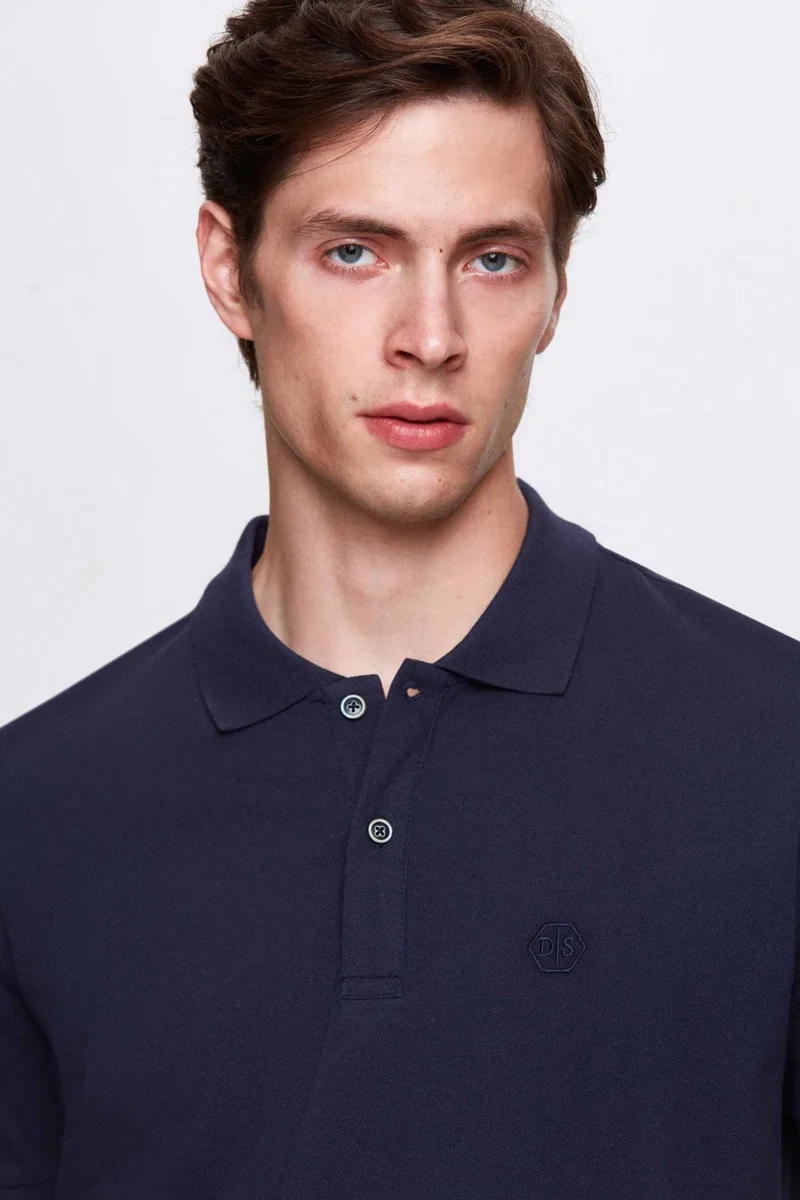 دي أس دامات Ds Damat Regular Fit Navy Blue Embroidered 100% Cotton T-Shirt