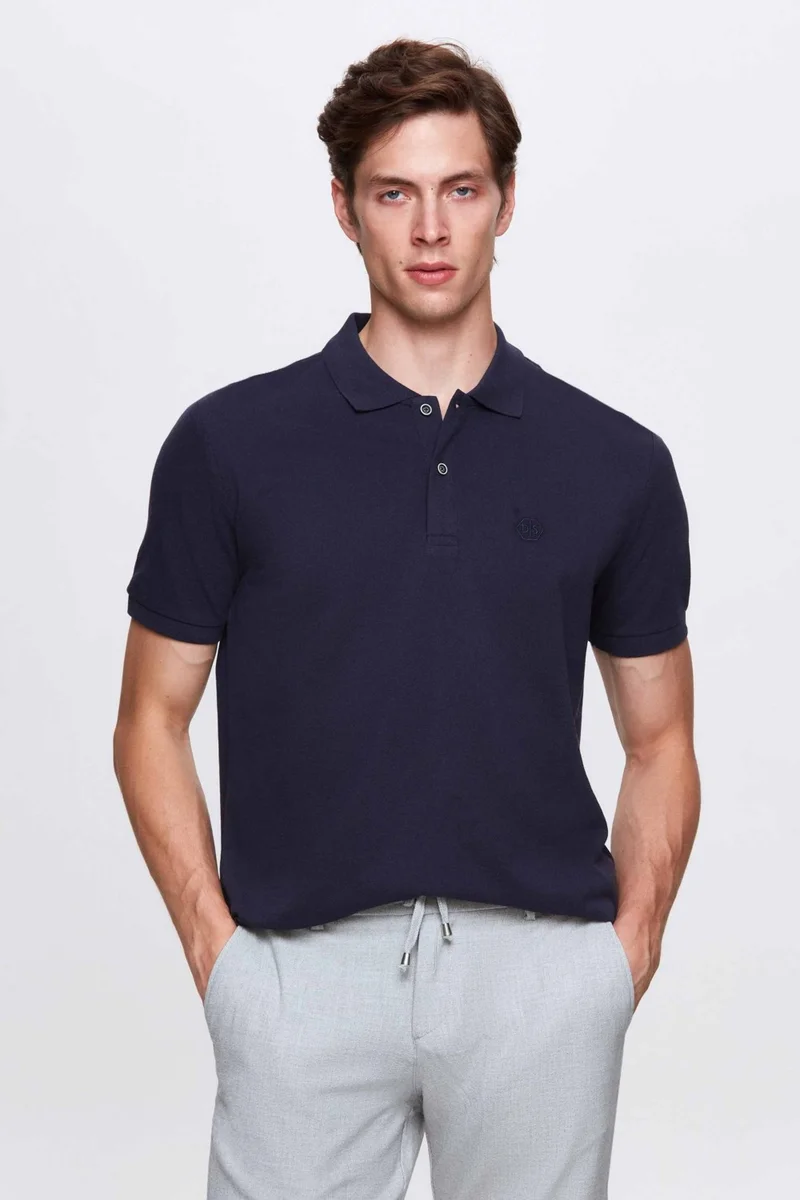 دي أس دامات Ds Damat Regular Fit Navy Blue Embroidered 100% Cotton T-Shirt