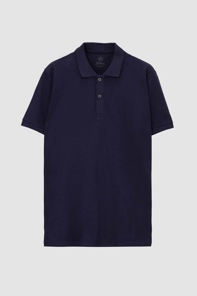 دي أس دامات Ds Damat Regular Fit Navy Blue Embroidered 100% Cotton T-Shirt