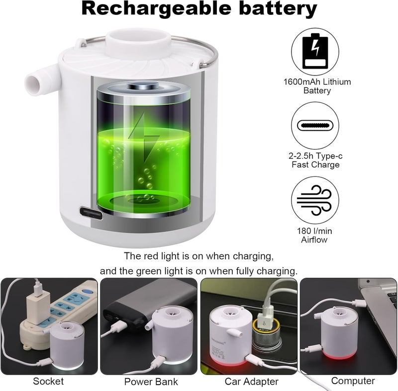 XINBAOHONG Mini Air Portable Camping Light Tiny Inflator/Deflator Pump with 1600mAh Battery USB Rechargeable for Pool Floats Air Bed Air Mattress Swimming Ring Vacuum Storage Bags - Image 2